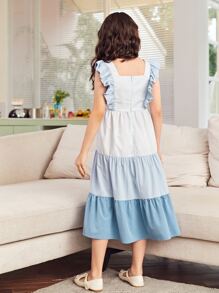 SHEIN Niñas 1 pieza Vestido bajo con fruncido - Celeste - Ver 2