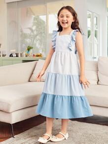 SHEIN Niñas 1 pieza Vestido bajo con fruncido - Celeste - Ver 3