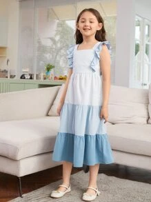 SHEIN Niñas 1 pieza Vestido bajo con fruncido - Celeste - Ver 5