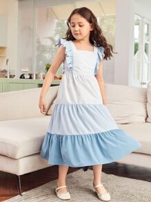 SHEIN Niñas 1 pieza Vestido bajo con fruncido - Celeste - Ver 4