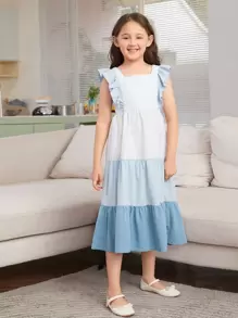 SHEIN Niñas 1 pieza Vestido bajo con fruncido - Celeste - Ver 1