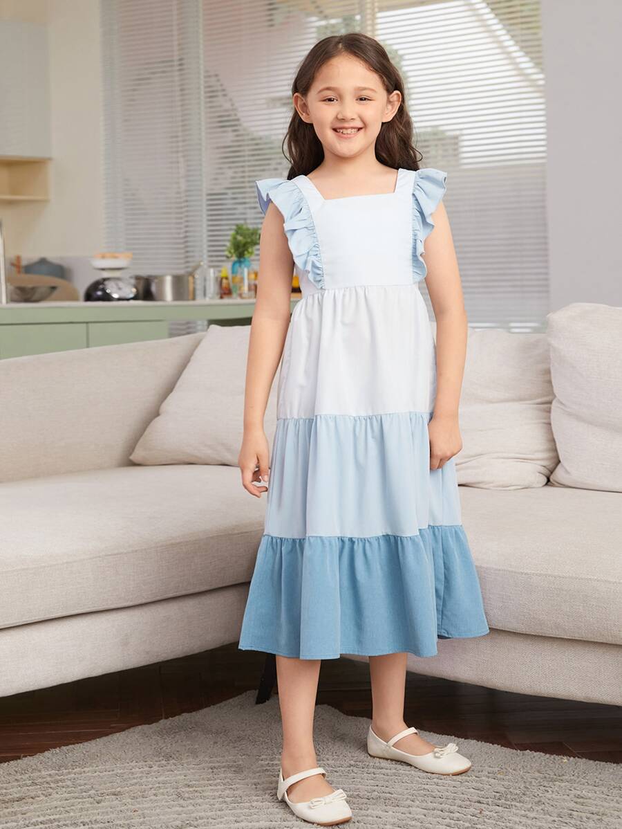 SHEIN Niñas 1 pieza Vestido bajo con fruncido - Celeste - Ver 1