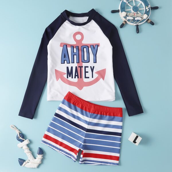 

Boys Letter Graphic & Striped Two Piece Swimsuit, Multicolor