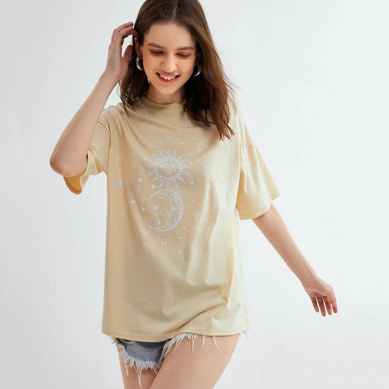 

Sun & Moon Graphic Drop Shoulder Tee, Beige