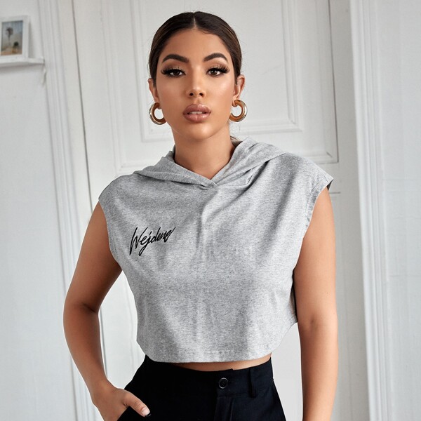 

Letter Graphic Hooded Crop Tank Top, Grey