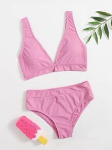 Conjunto de bikini con cuello en V acanalado para niña preadolescente, verano playa - Rosa Pálido - Ver 1
