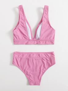 Conjunto de bikini con cuello en V acanalado para niña preadolescente, verano playa - Rosa Pálido - Ver 2