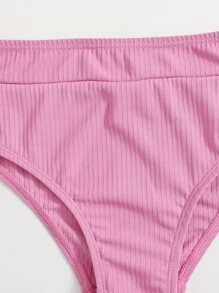 Conjunto de bikini con cuello en V acanalado para niña preadolescente, verano playa - Rosa Pálido - Ver 3