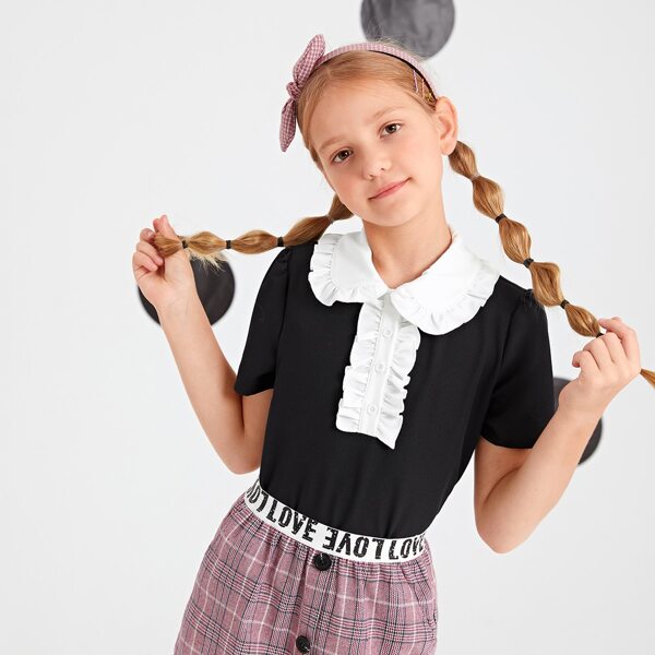

Girls Peter Pan Collar Frill Trim Top, Black