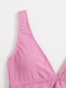 Conjunto de bikini con cuello en V acanalado para niña preadolescente, verano playa - Rosa Pálido - Ver 5