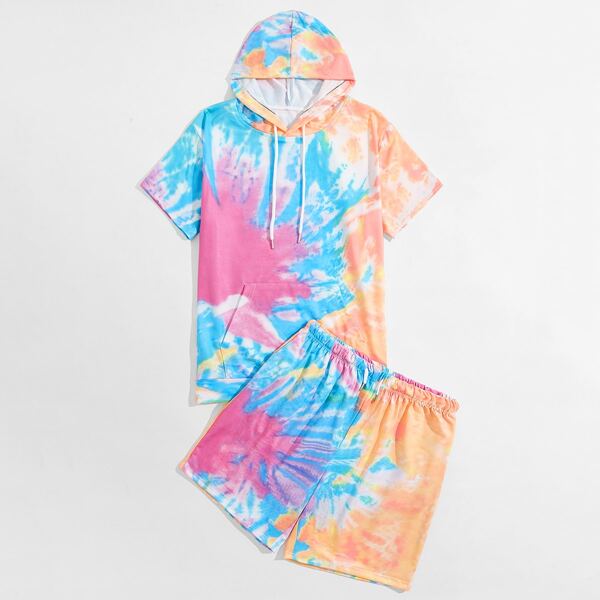 

Men Tie Dye Kangaroo Pocket Hooded Tee With Track Shorts, Multicolor