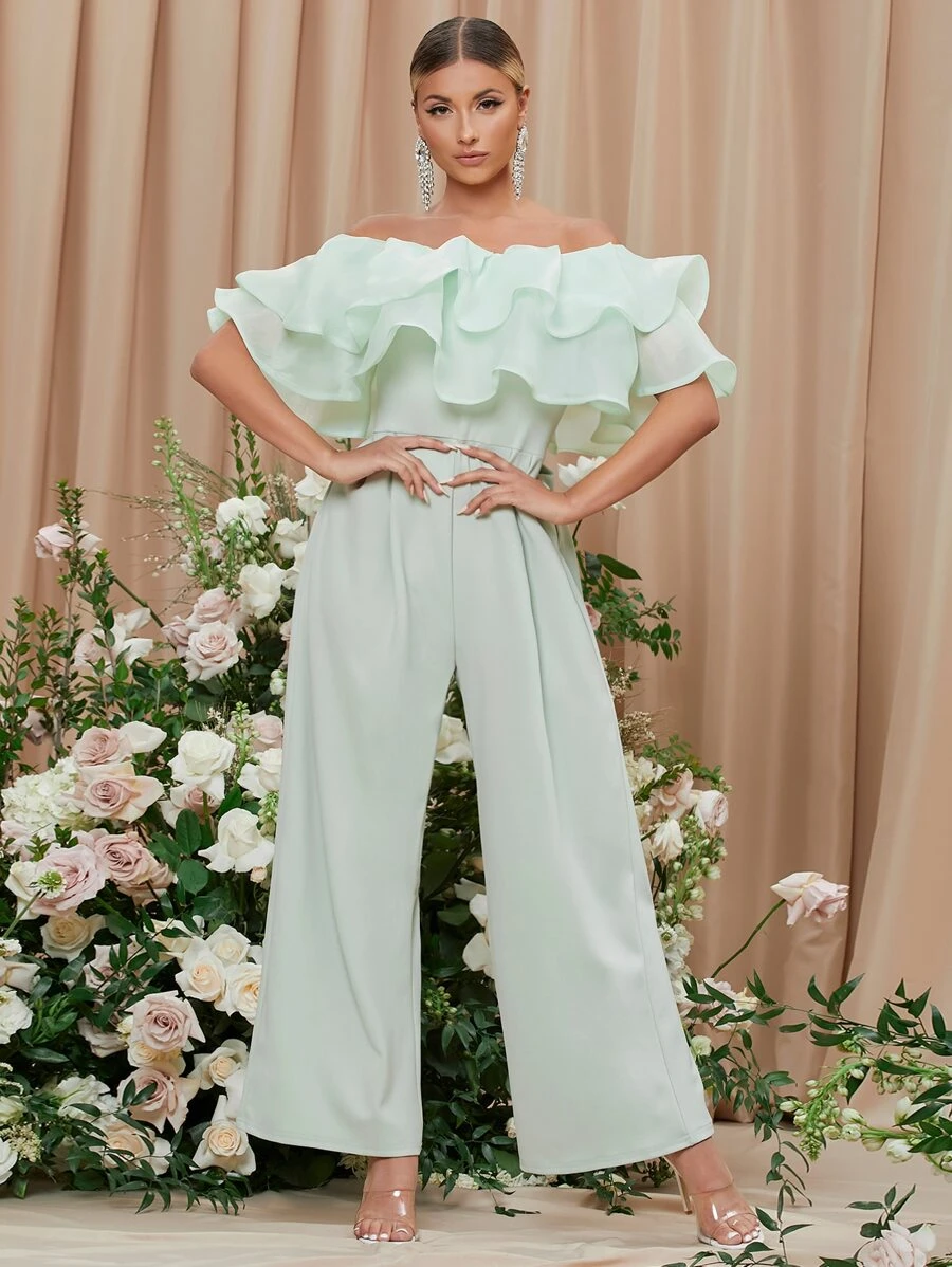 SHEIN Privé Off Shoulder Layered Foldover Front Wide Leg Jumpsuit - Mint Green - View 1