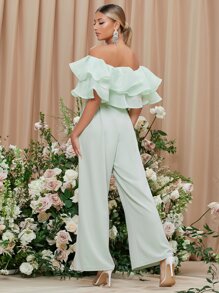 SHEIN Privé Off Shoulder Layered Foldover Front Wide Leg Jumpsuit - Mint Green - View 2