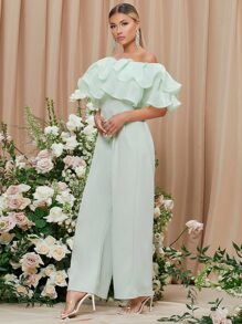SHEIN Privé Off Shoulder Layered Foldover Front Wide Leg Jumpsuit - Mint Green - View 3