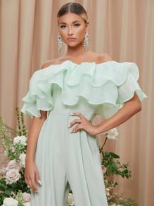 SHEIN Privé Off Shoulder Layered Foldover Front Wide Leg Jumpsuit - Mint Green - View 4