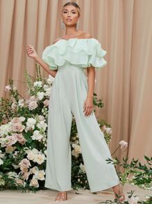 SHEIN Privé Off Shoulder Layered Foldover Front Wide Leg Jumpsuit - Mint Green - View 5