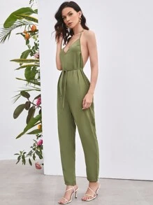 SHEIN Unity 繫帶露背繞頸連身長褲 - 軍綠色 - 查看 1