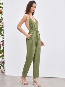 SHEIN Unity 繫帶露背繞頸連身長褲 - 軍綠色 - 查看 3