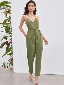 SHEIN Unity 繫帶露背繞頸連身長褲 - 軍綠色 - 查看 5