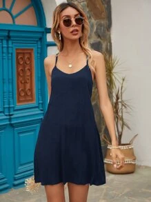 素色露背吊帶連衣裙 - 藏蓝色 - 查看 3