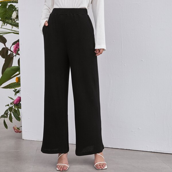 

Elastic Waist Waffle Knit Wide Leg Pants, Black