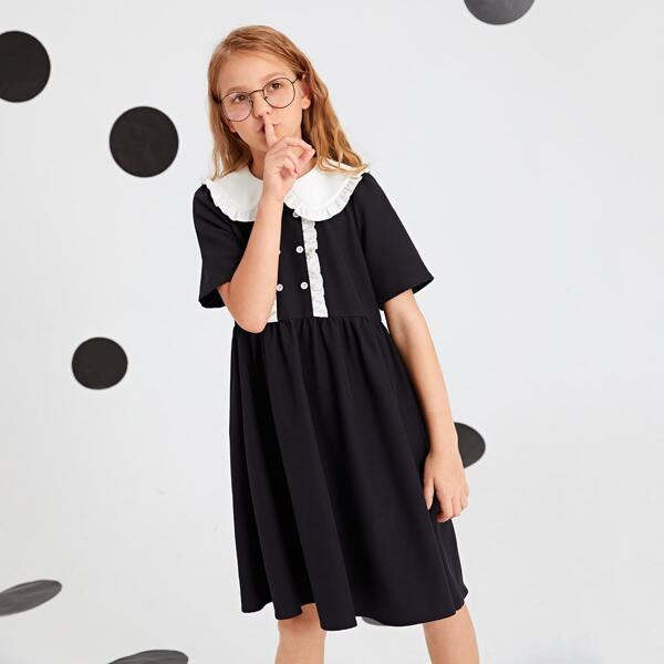 

Girls Peter Pan Collar Frill Trim Dress, Black