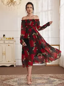 Modelyn 印花木耳褶皺邊打褶露肩連衣裙 - 彩色 - 查看 1