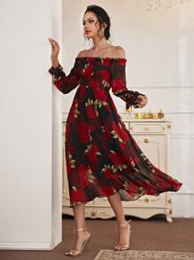 Modelyn 印花木耳褶皺邊打褶露肩連衣裙 - 彩色 - 查看 3