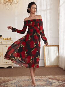 Modelyn 印花木耳褶皺邊打褶露肩連衣裙 - 彩色 - 查看 4