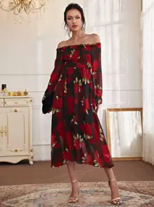 Modelyn 印花木耳褶皺邊打褶露肩連衣裙 - 彩色 - 查看 5