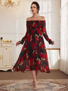 Modelyn 印花木耳褶皺邊打褶露肩連衣裙 - 彩色 - 查看 6