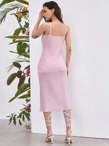 SHEIN Unity Split Thigh Solid Waffle Knit Cami Dress - Baby Pink - View 2