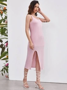 SHEIN Unity Split Thigh Solid Waffle Knit Cami Dress - Baby Pink - View 5