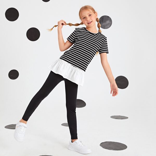 

Girls Striped Peplum Top & Leggings Set, Black and white