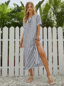 EMERY ROSE Split Thigh Cuffed Striped Dress