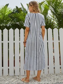 EMERY ROSE Split Thigh Cuffed Striped Dress