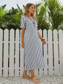 EMERY ROSE Split Thigh Cuffed Striped Dress