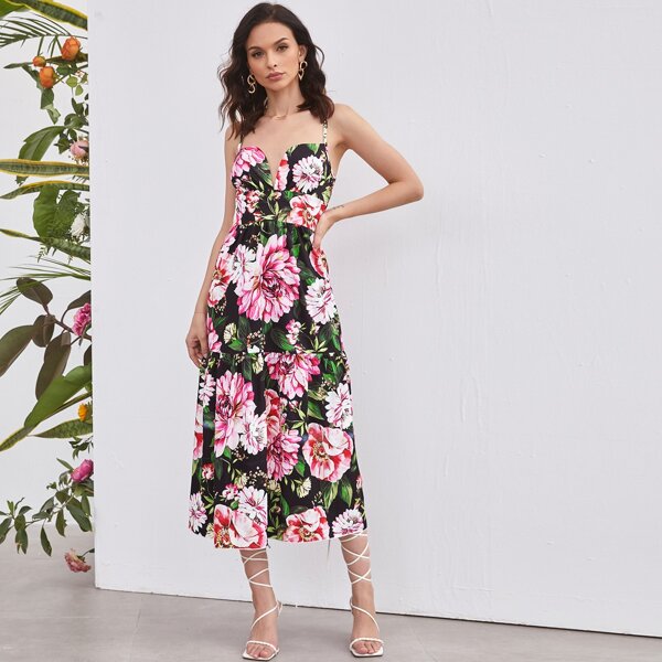 

V Bar Zip Back Flounce Sleeve Floral Cami Dress, Multicolor