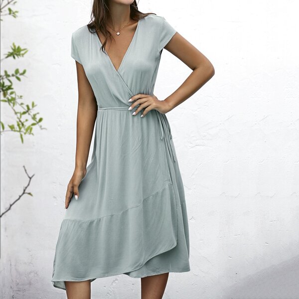 

Solid Belted A Line Dress, Mint green