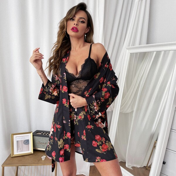 

3pcs Floral Print Belted Robe Set, Black