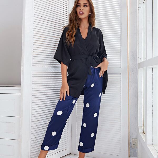 

3pcs Lace Trim Cami With Satin Polka Pants With Robe PJ Set, Multicolor