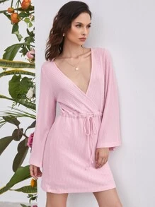 SHEIN Unity 交叉領繫腰帶華夫格針織連衣裙 - 淺粉色 - 查看 1