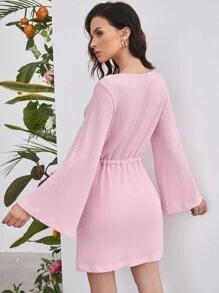 SHEIN Unity 交叉領繫腰帶華夫格針織連衣裙 - 淺粉色 - 查看 2