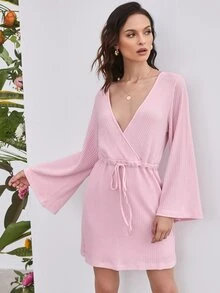 SHEIN Unity 交叉領繫腰帶華夫格針織連衣裙 - 淺粉色 - 查看 3