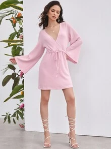 SHEIN Unity 交叉領繫腰帶華夫格針織連衣裙 - 淺粉色 - 查看 4