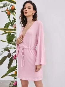 SHEIN Unity 交叉領繫腰帶華夫格針織連衣裙 - 淺粉色 - 查看 5