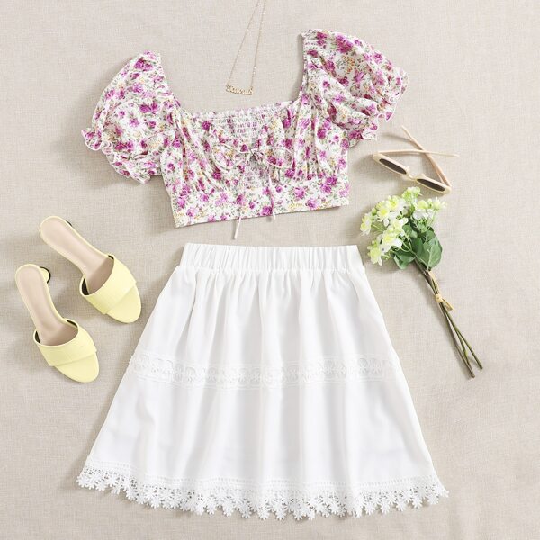 

Tie Front Cutout Detail Floral Top & Lace Hem Skirt Set, Multicolor