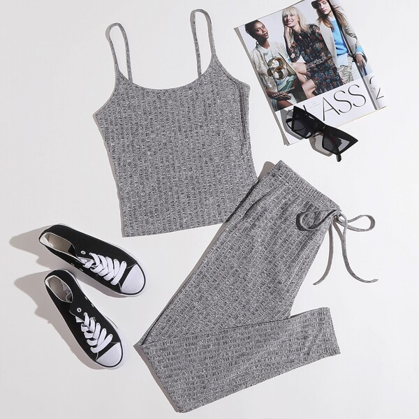 

Plus Rib-knit Cami Top & Leggings Set, Grey