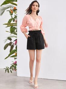 SHEIN Unity Quần short Túi màu trơn Giải trí - màu đen - Xem 4