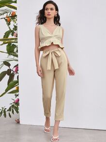 SHEIN Frenchy 後拉鏈荷葉邊下擺背心短版上衣 - 米色 - 查看 3